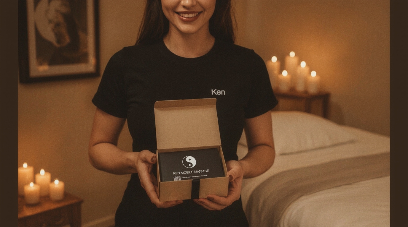 KEN Mobile Massage therapist presenting gift card in box