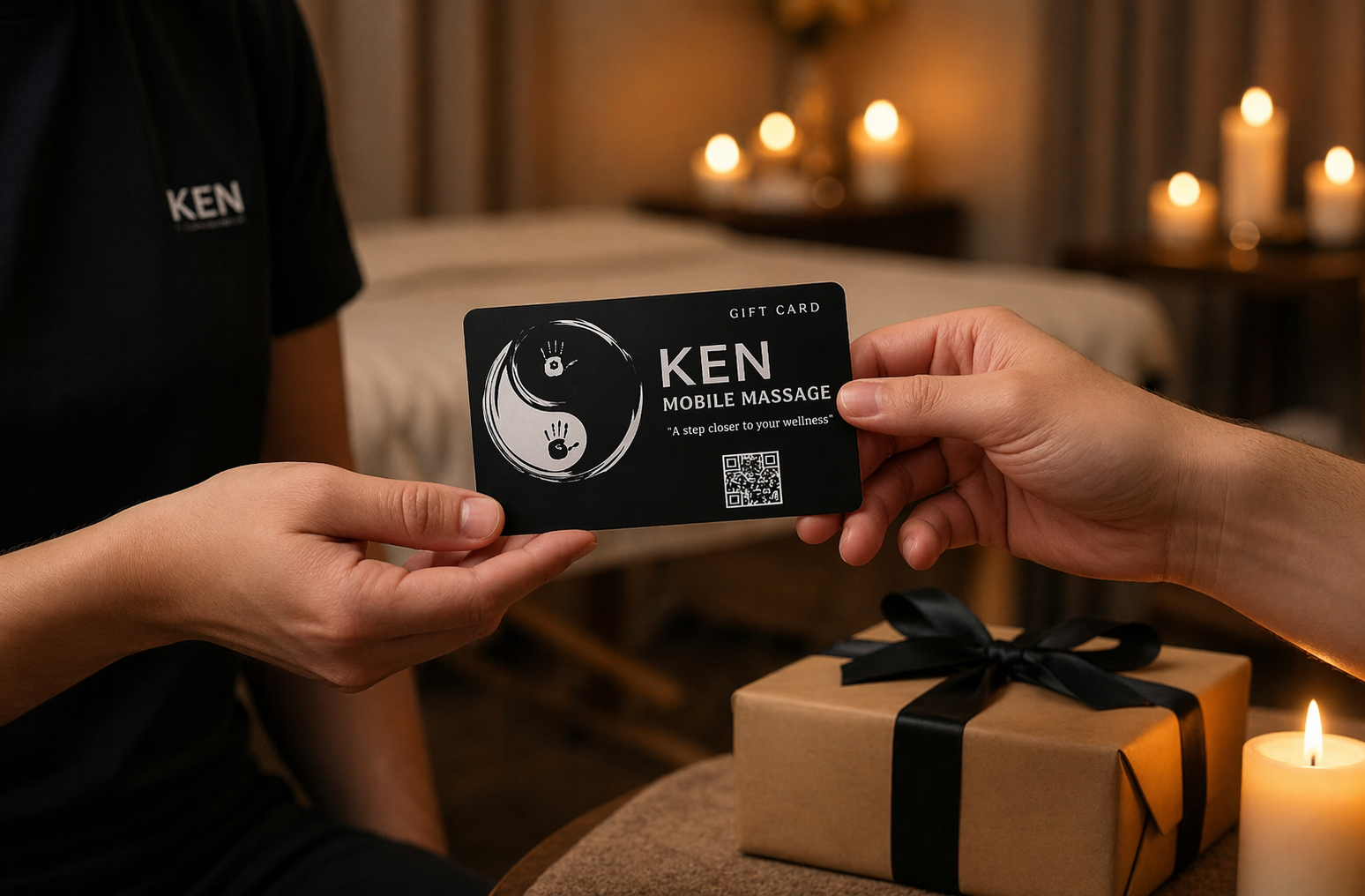 KEN Mobile Massage therapist handing gift card to client