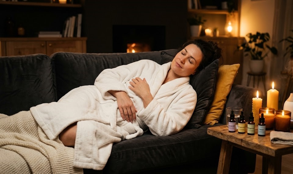 Woman relaxing after in-home massage with candles and aromatherapy